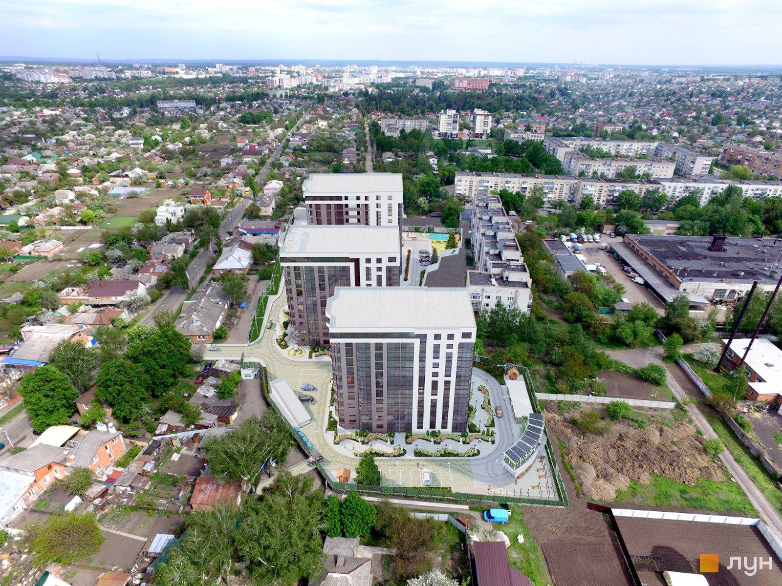 Neubau von drei 11-geschossigen Mehrfamilienhäusern mit integrierten öffentlichen Räumen und Tiefgarage in der Kosiwschtschynska-Straße 77-a in Sumy
